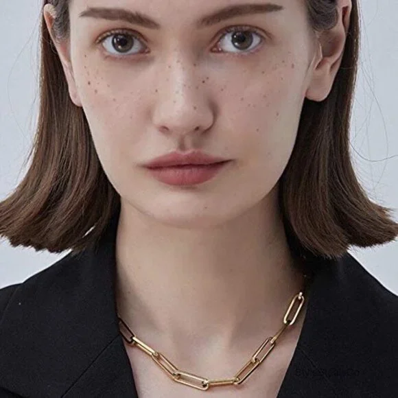 Thick Paperclip Chain Necklace Minimalist Chunky Titanium Gold Plated - Picture 5 of 7